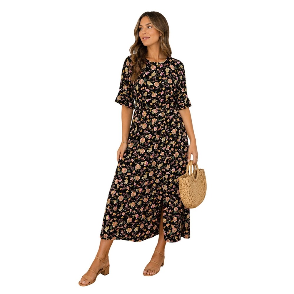 LOFT Floral Midi Dress Black Pink Yellow Ruffle Sleeve A-Line Boho Cottagecore 4